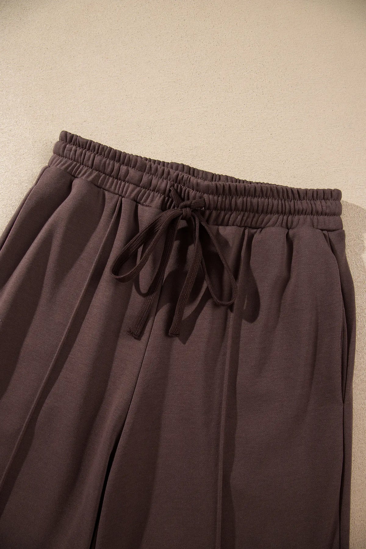 Coffee Solid Colour Piping Trim Mock Neck Pullover Drawstring Pants Set – Brown