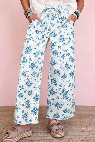 Sky Blue Floral Print Tie Waist Straight Leg Jeans – Light Blue