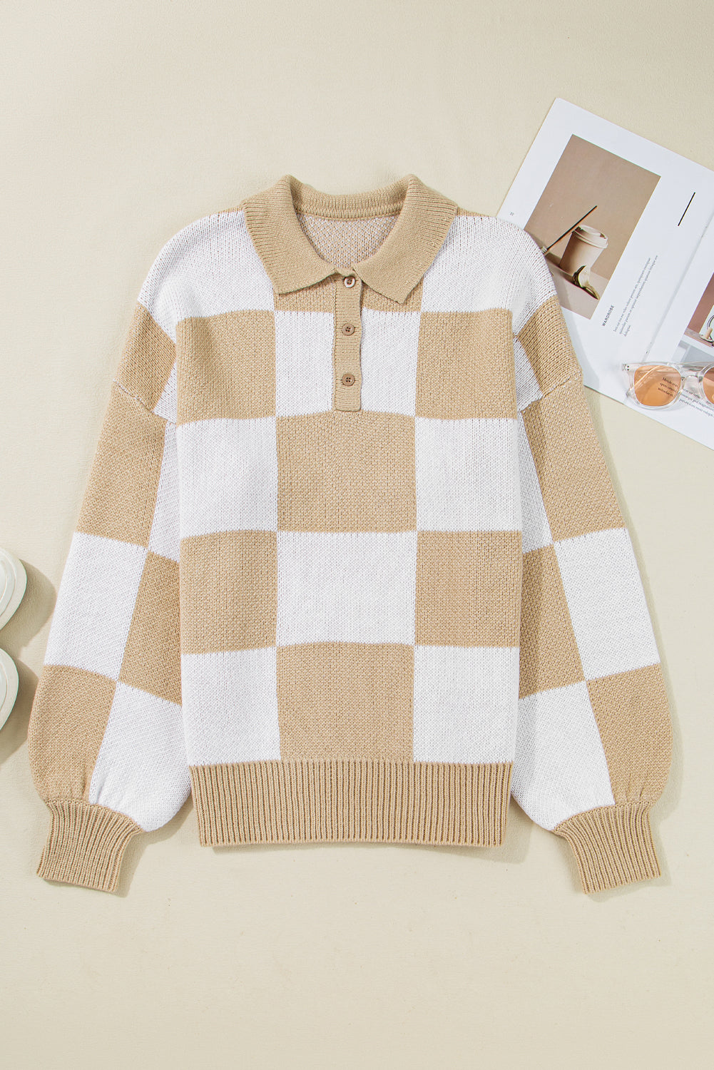 Checkered Pattern Polo Collar Loose Sweater eAura