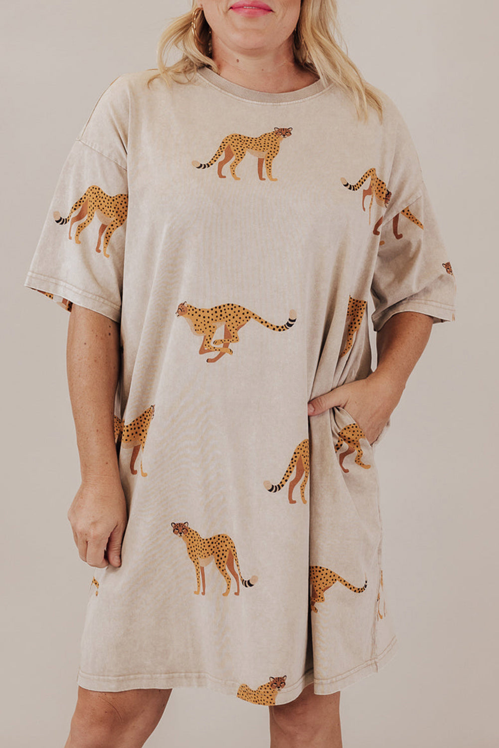Apricot Plus Size Cheetah Print Side Pockets T Shirt Mini Dress BB Fashion Outlet