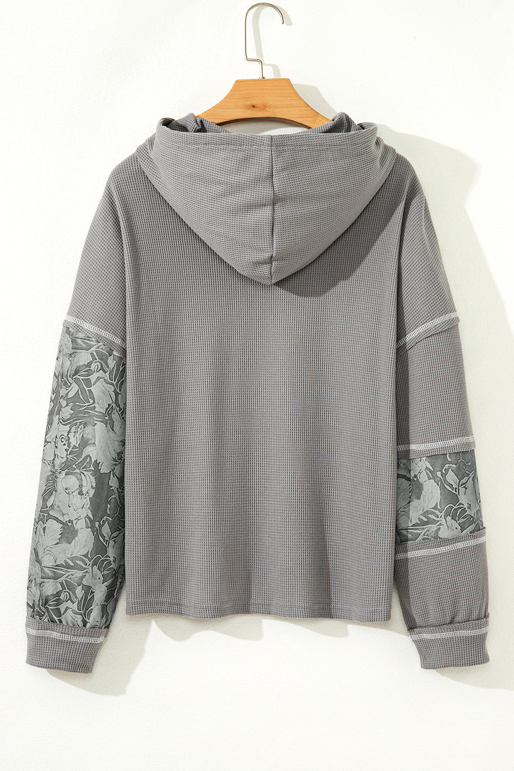 Waffle Patchwork Drawstring Hooded Long Sleeve Top - eAura