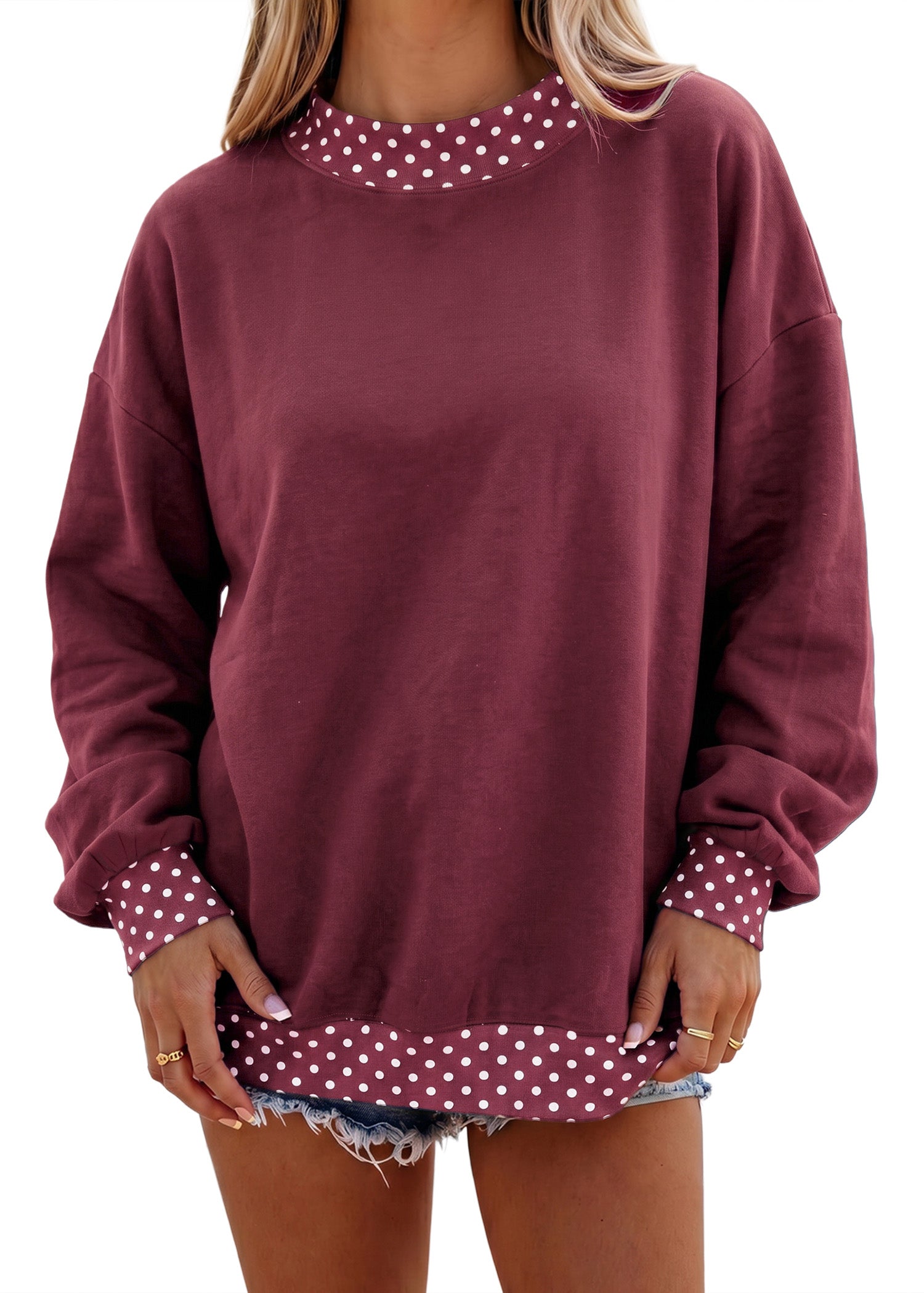 Colorblock Polka Dot Contrast Trim Oversized Sweatshirt – Red