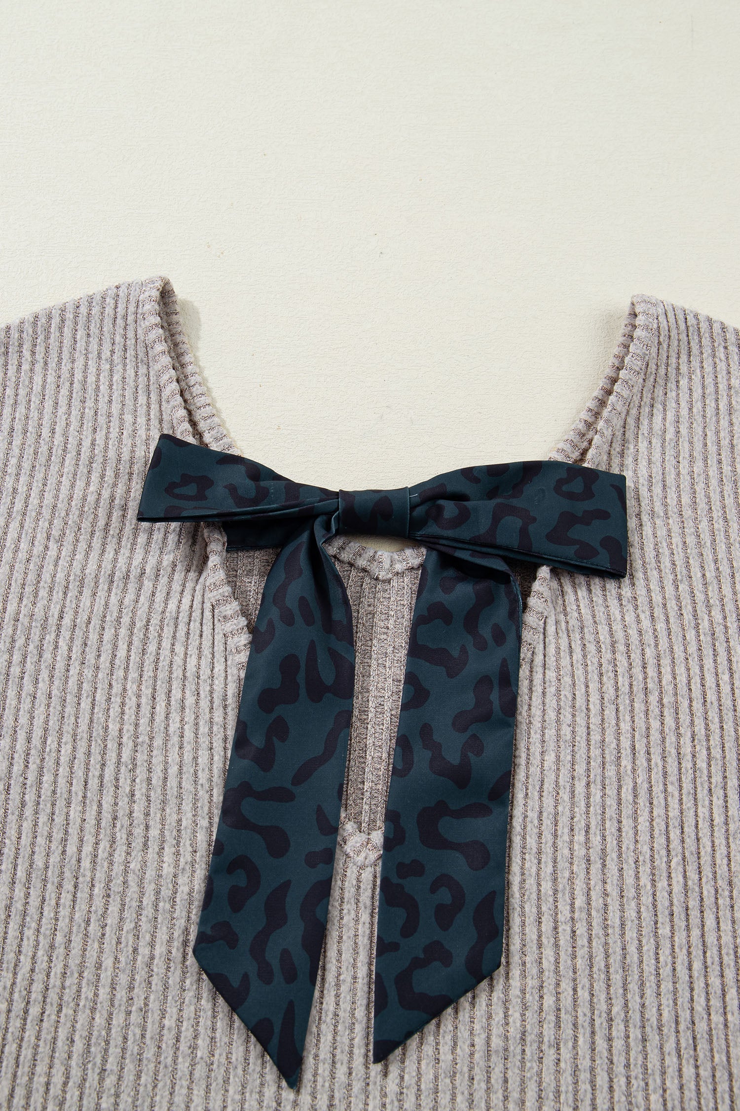 Ribbed V-Neck Ribbon Bow Back Drop Shoulder Long Sleeve Top - eAura