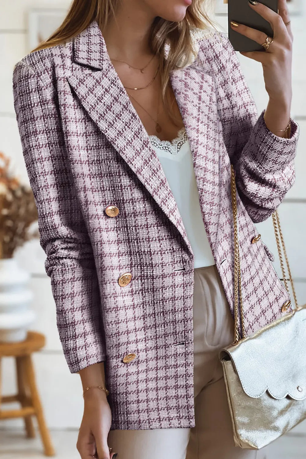 Elegant Tweed Plaid Blazer