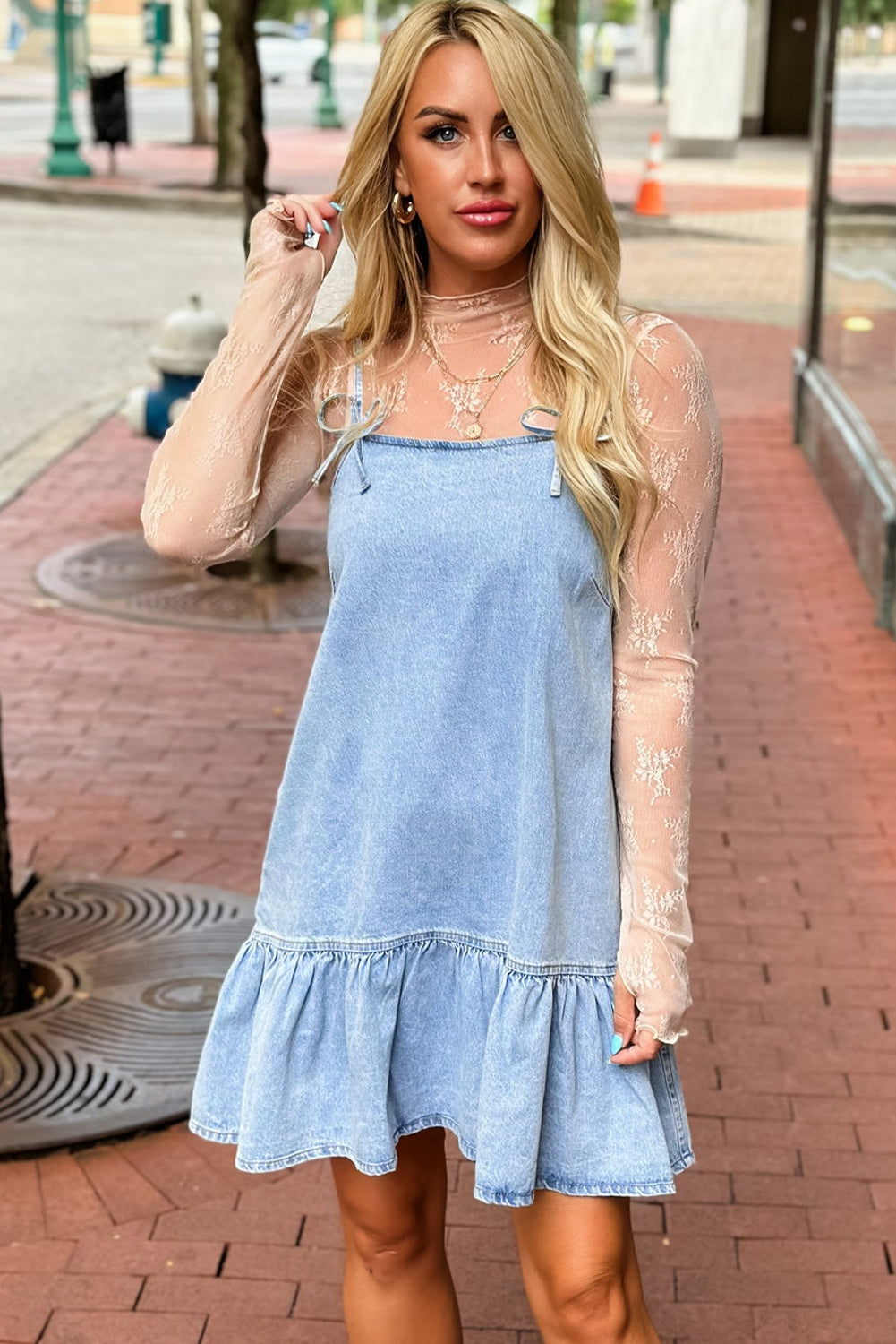 Beau Blue Bow Detail Spaghetti Straps Ruffle Hem Denim Short Dress eAura