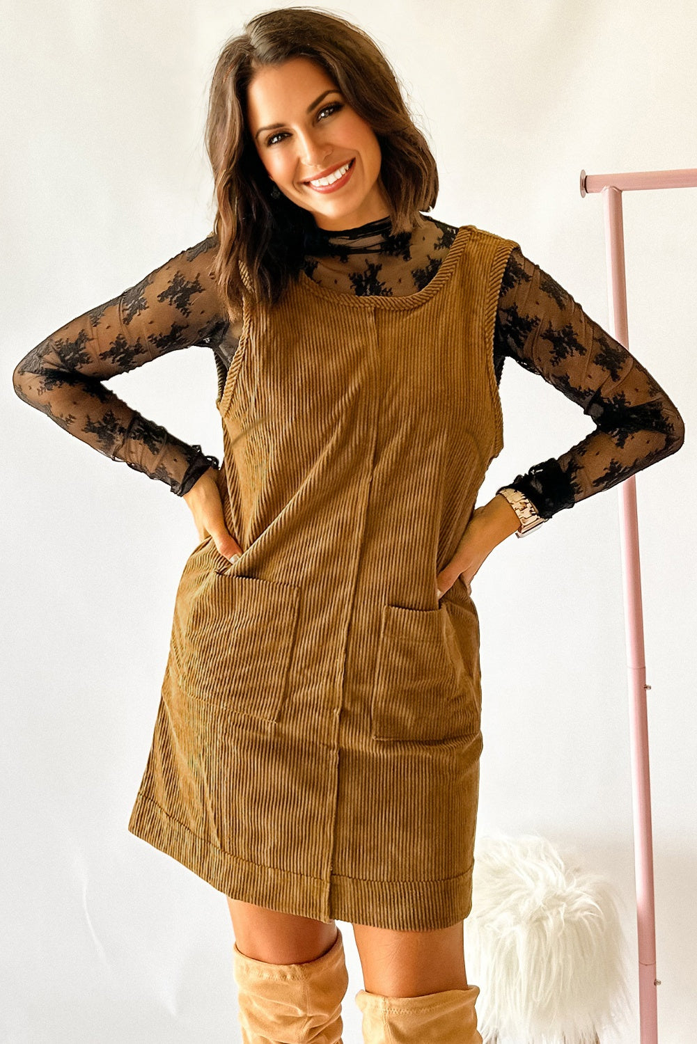Soft Corduroy Sleeveless Mini Dress With Patched Pockets - eAura