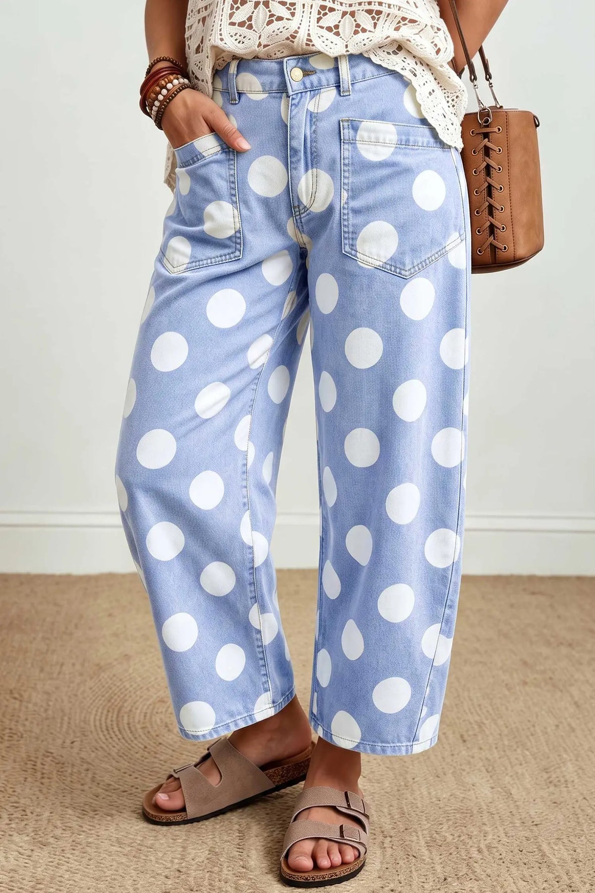 Brown Polka Dot Ankle-Length Barrel Jeans