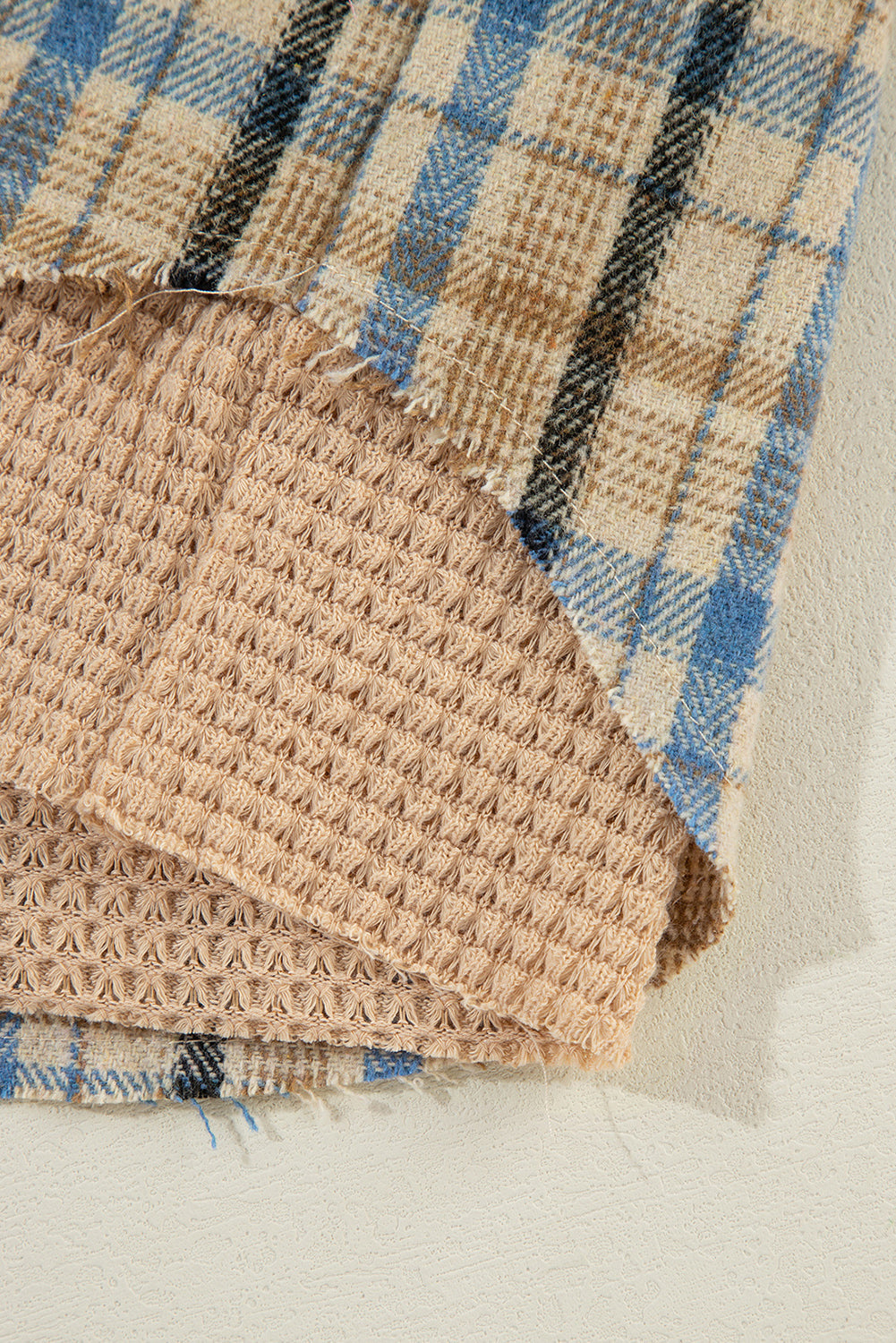 Ashleigh Blue Waffle Knit Patchwork Hooded Plaid Shacket eAura