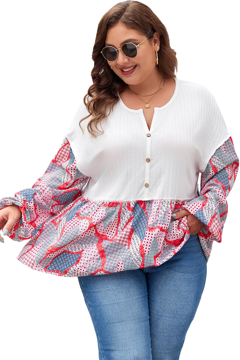 Apricot Plus Size Printed Patchwork Textured Buttoned Blouse Beagle Boutique Fashion Outlet