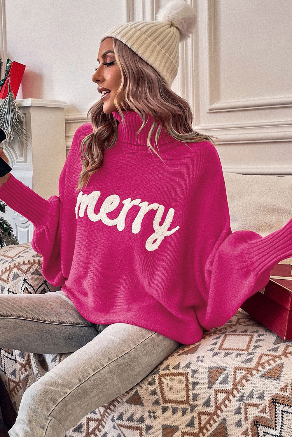 Racing Red Valentine LOVE Letter Embroidered High Neck Sweater eAura