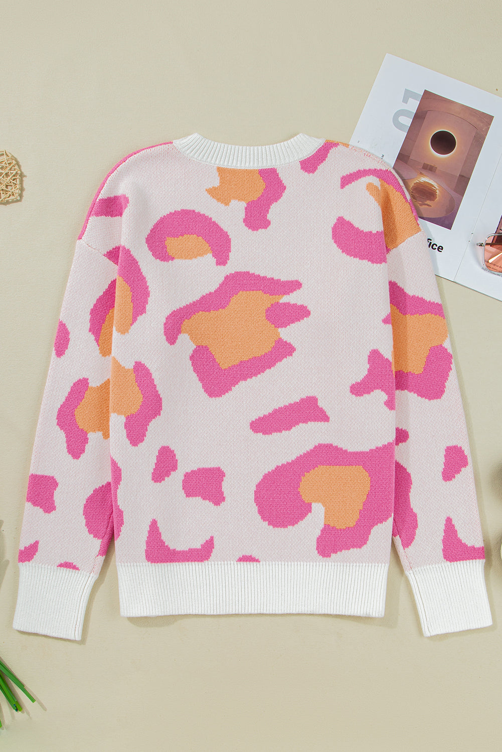 Pink Leopard Print Drop Shoulder Baggy Sweater eAura