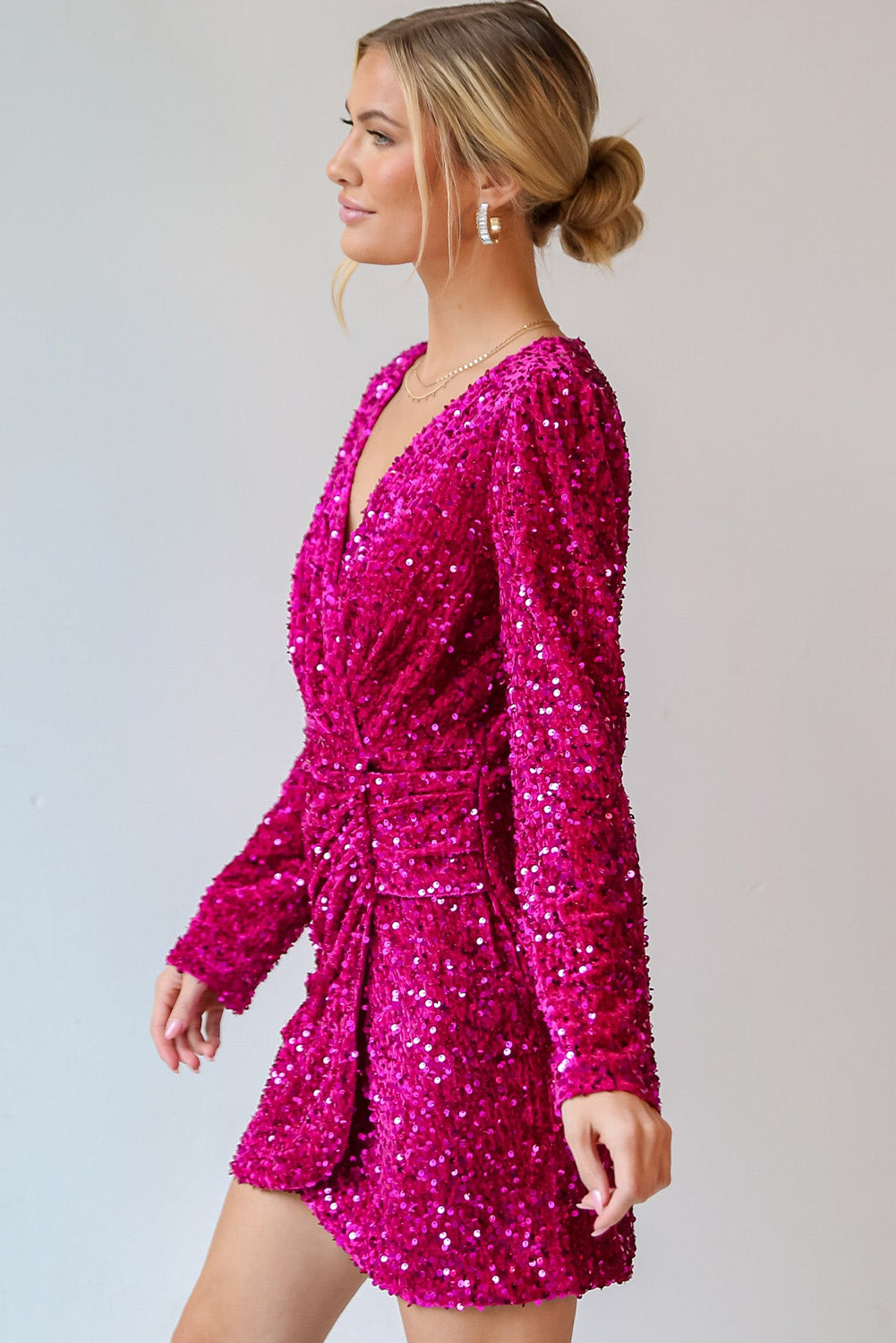 Sequin Long Sleeve V-Neck Wrapped Mini Dress - eAura