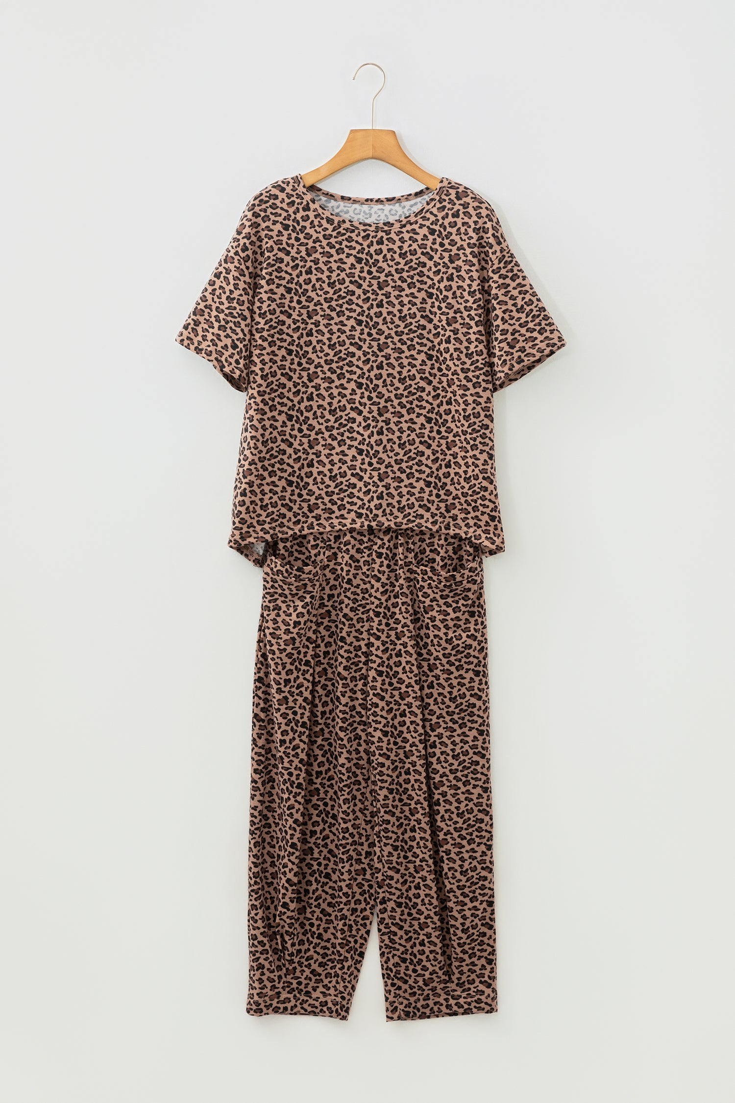 Leopard Print High-Low Tee & Wide Leg Pants Set – Brown