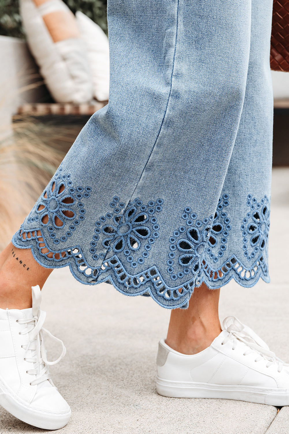 Embroidered Cropped Wide Leg High Waist Jeans - eAura