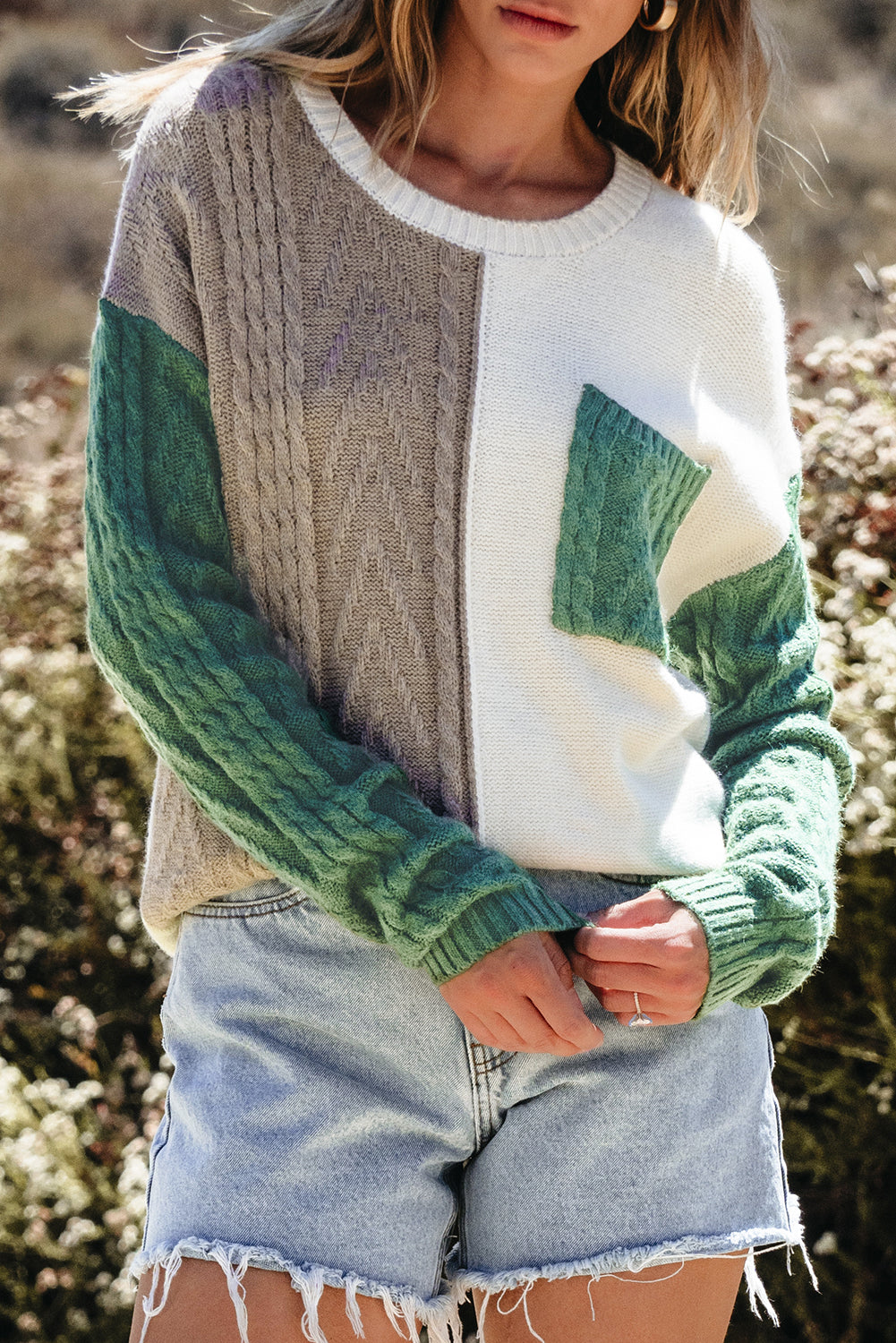 Rose Tan Colourblock Patched Pocket Drop Shoulder Sweater eAura