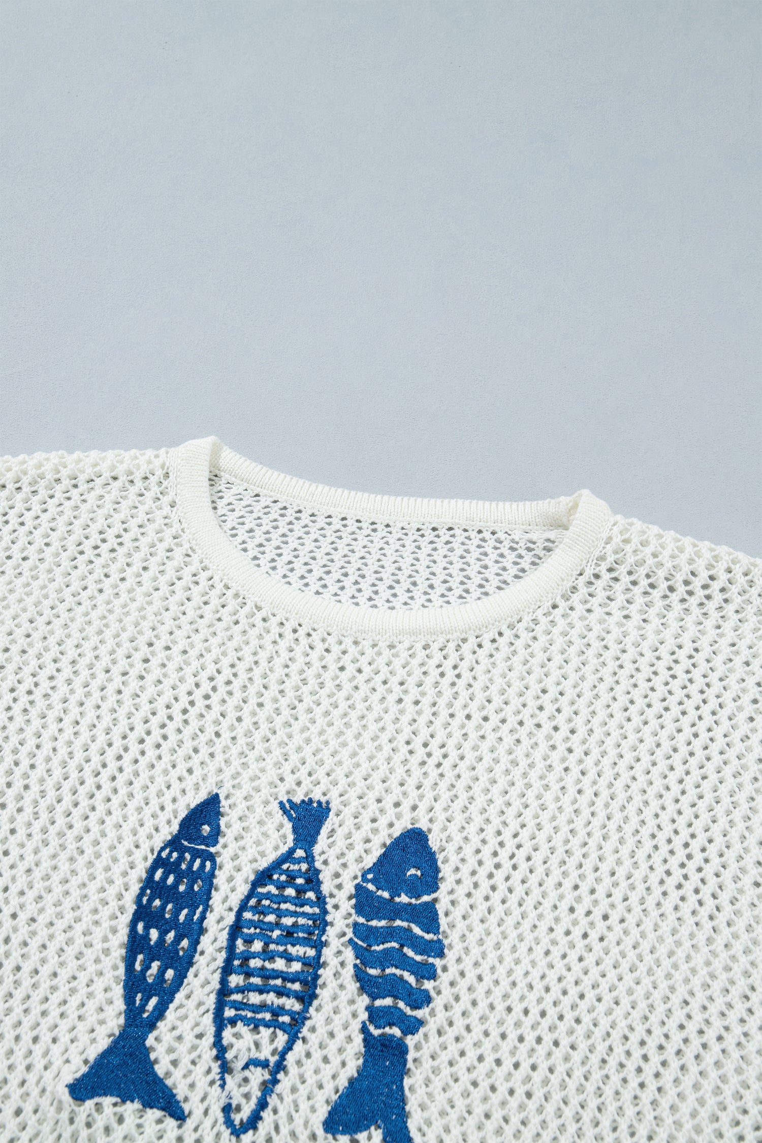 Open Knit Fish Embroidered Casual Sweater – White