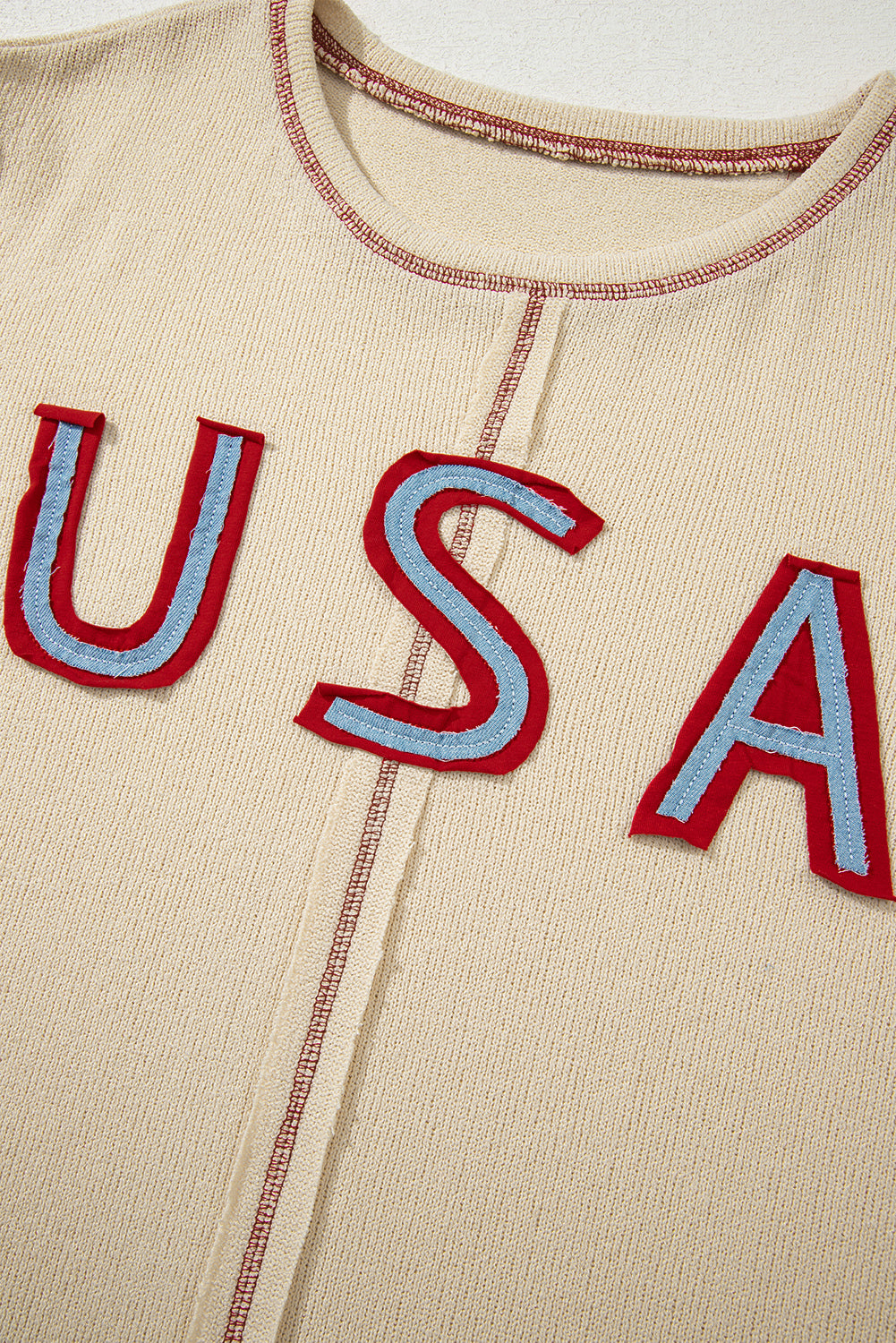 Beige USA Star Contrast Patchwork Exposed Seam Long Sleeve Top - eAura