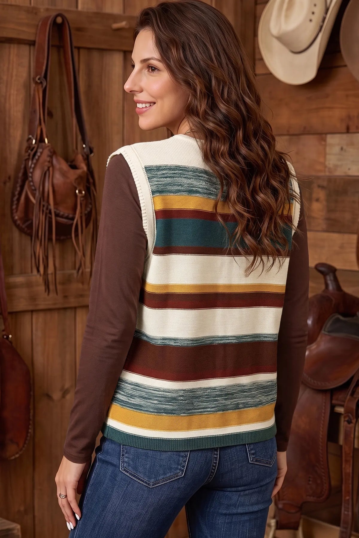 Striped Button Front Sleeveless Knit Regular Fit Sweater Vest – Multicolour