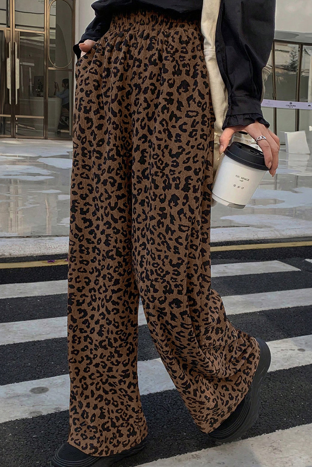 Leopard Print Elastic High Waist Loose Soft Corduroy Trousers - eAura