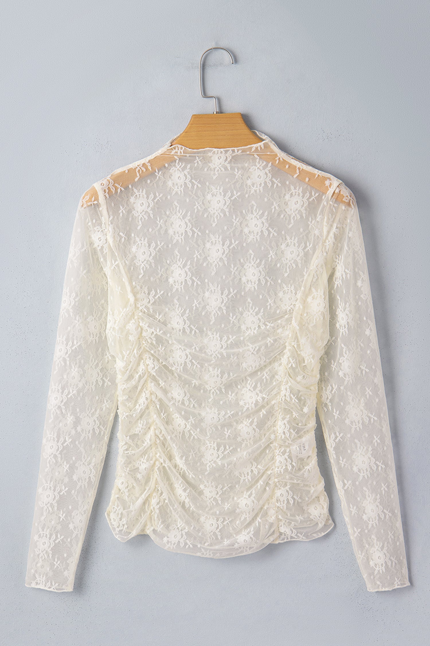 Jet Stream Sheer Floral Mesh Ruched Long Sleeve Top – Cream