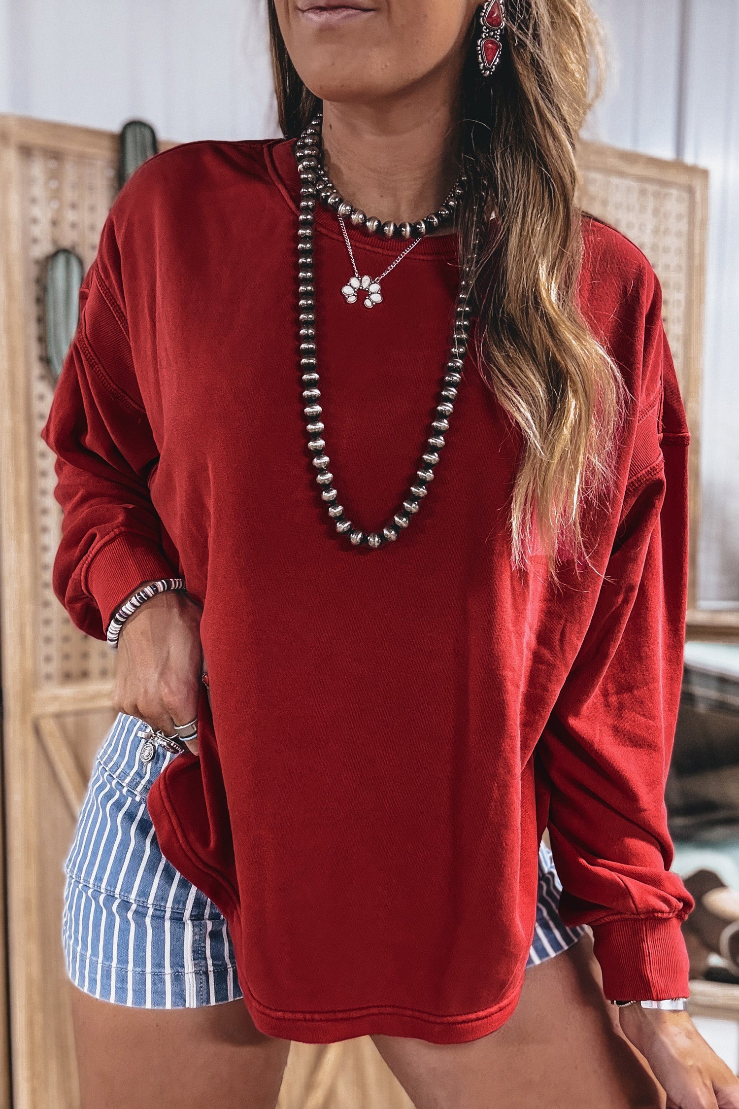 Ribbed Detail Drop Shoulder Cutout Back Sweatshirt – Racing Red