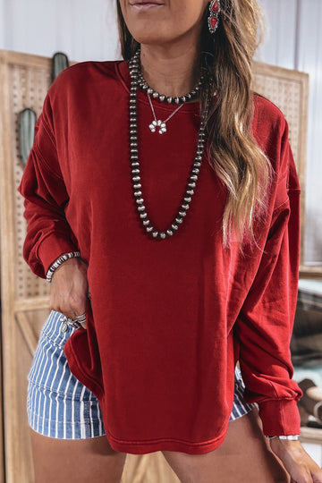 Ribbed Detail Drop Shoulder Cutout Back Sweatshirt – Racing Red