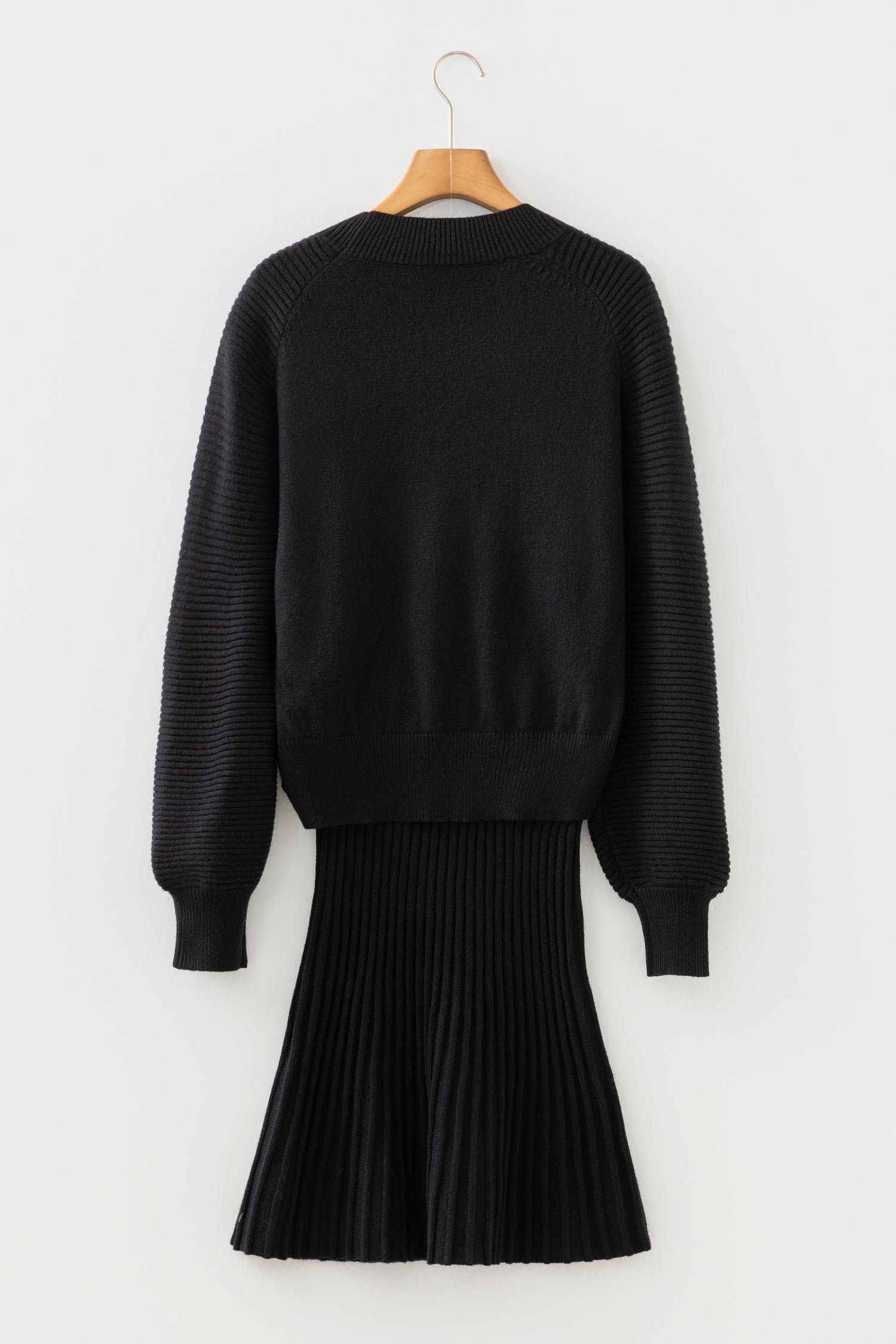High Neck Puff Sleeve Sweater and Pleated Mini Skirt Co-ord Knit Outfit - Two Piece Sets/Two Dresses