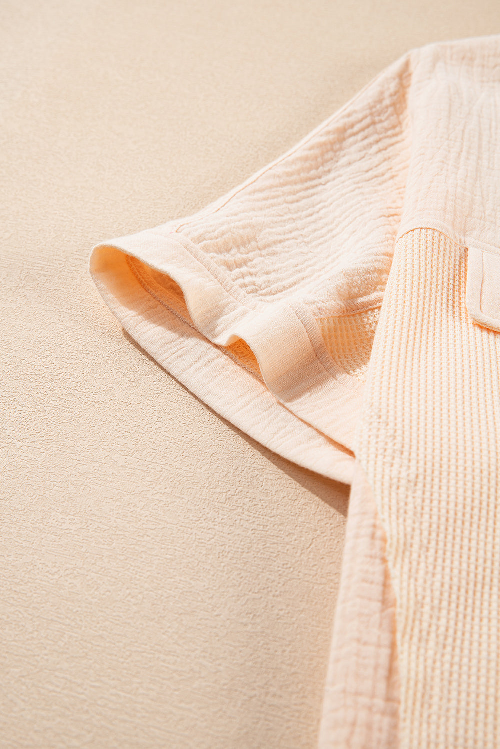 Beige Waffle Short Batwing Sleeve Flap Detail Wide Shirt eAura