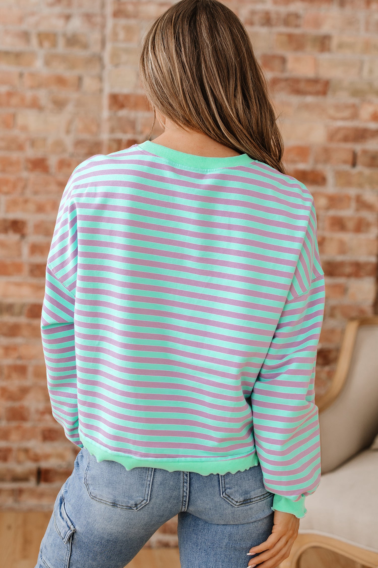 Striped Exposed Seam Contrast Ribbed Trim Boxy Sweatshirt