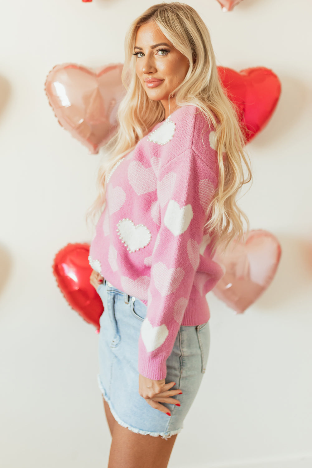 Pink Pearled Heart Print Valentines Crew Neck Sweater eAura