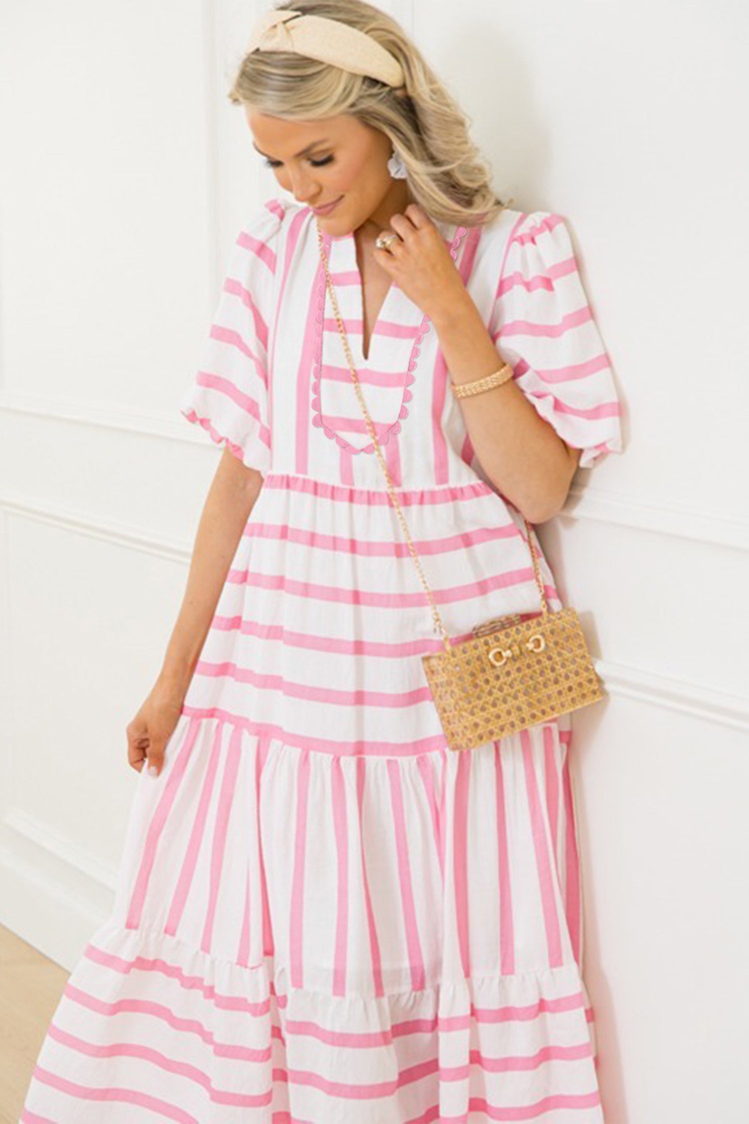 Stripe RicRac Trim Notched Neck Half Sleeve Long Dress