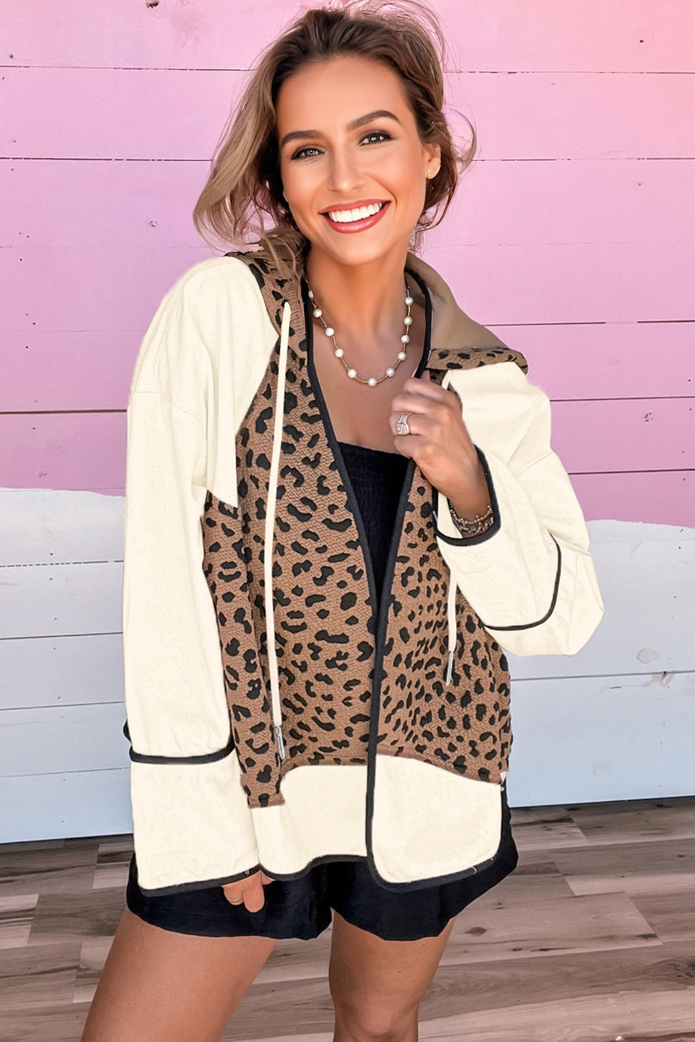 Brown Leopard Hooded Patchwork Contrast Piping Open Front Jacket Dear-Lover Dropshipping