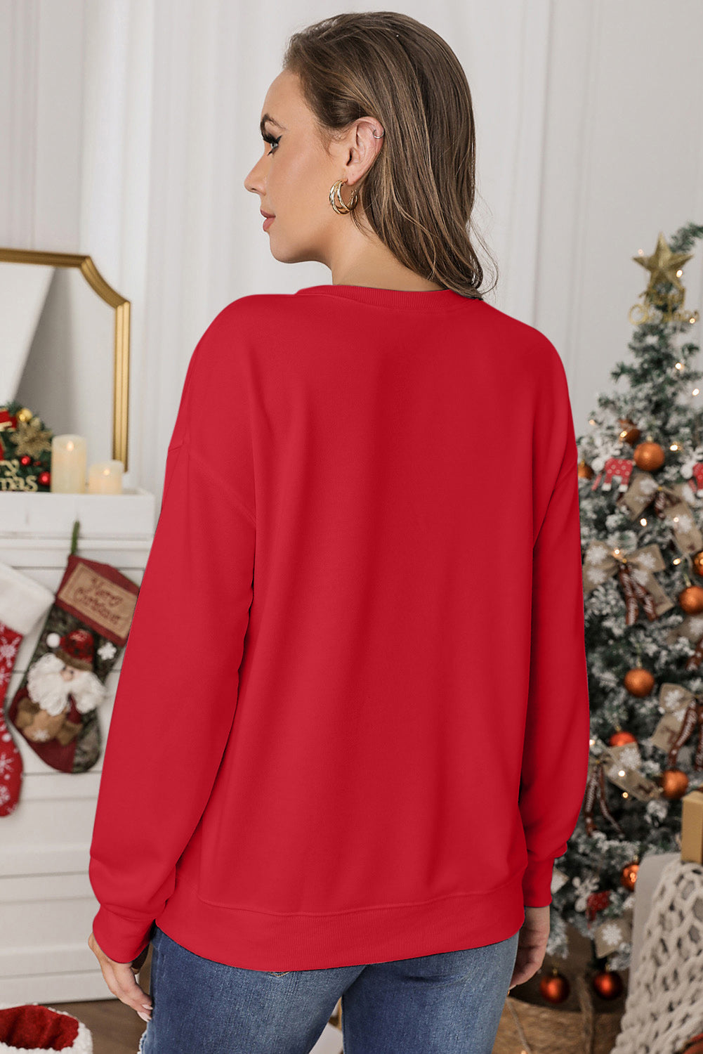 Red Plain Crew Neck Pullover Sweatshirt eAura