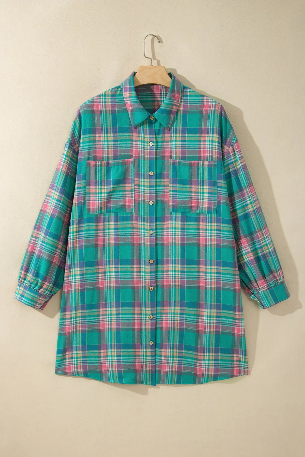 Plaid Button-Up Shift Long Sleeve V Neck Plus Size Dress – Green