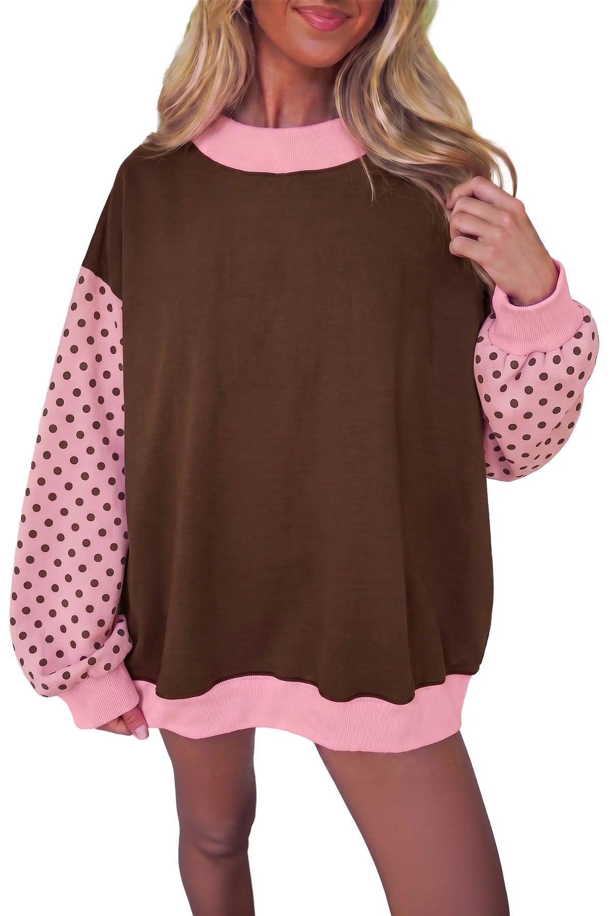 Coffee Colorblock Polka Dot Puff Sleeve Shift Tunic Pullover Sweatshirt