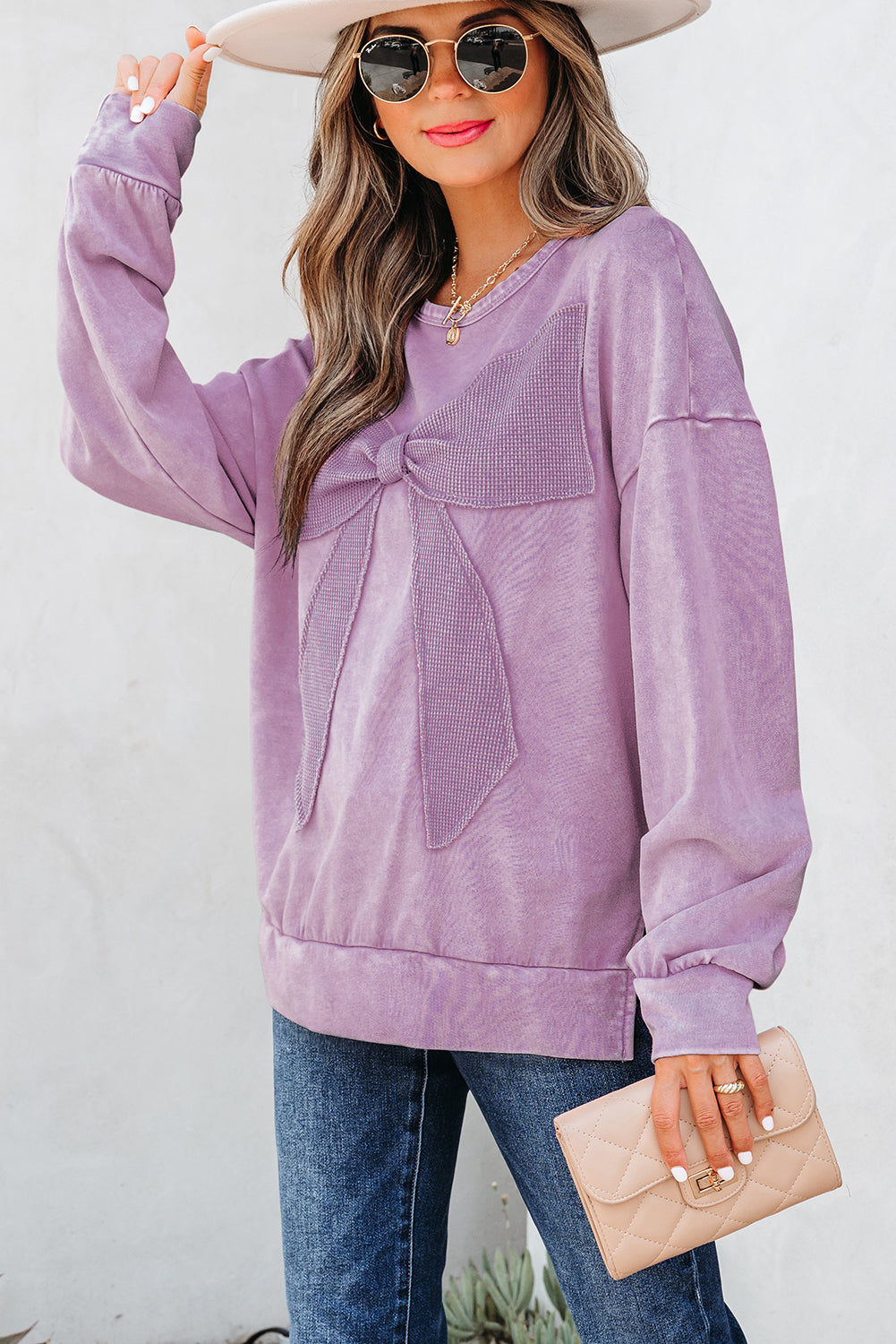 Mineral Wash Big Bow Patchwork Pullover Sweatshirt eAura