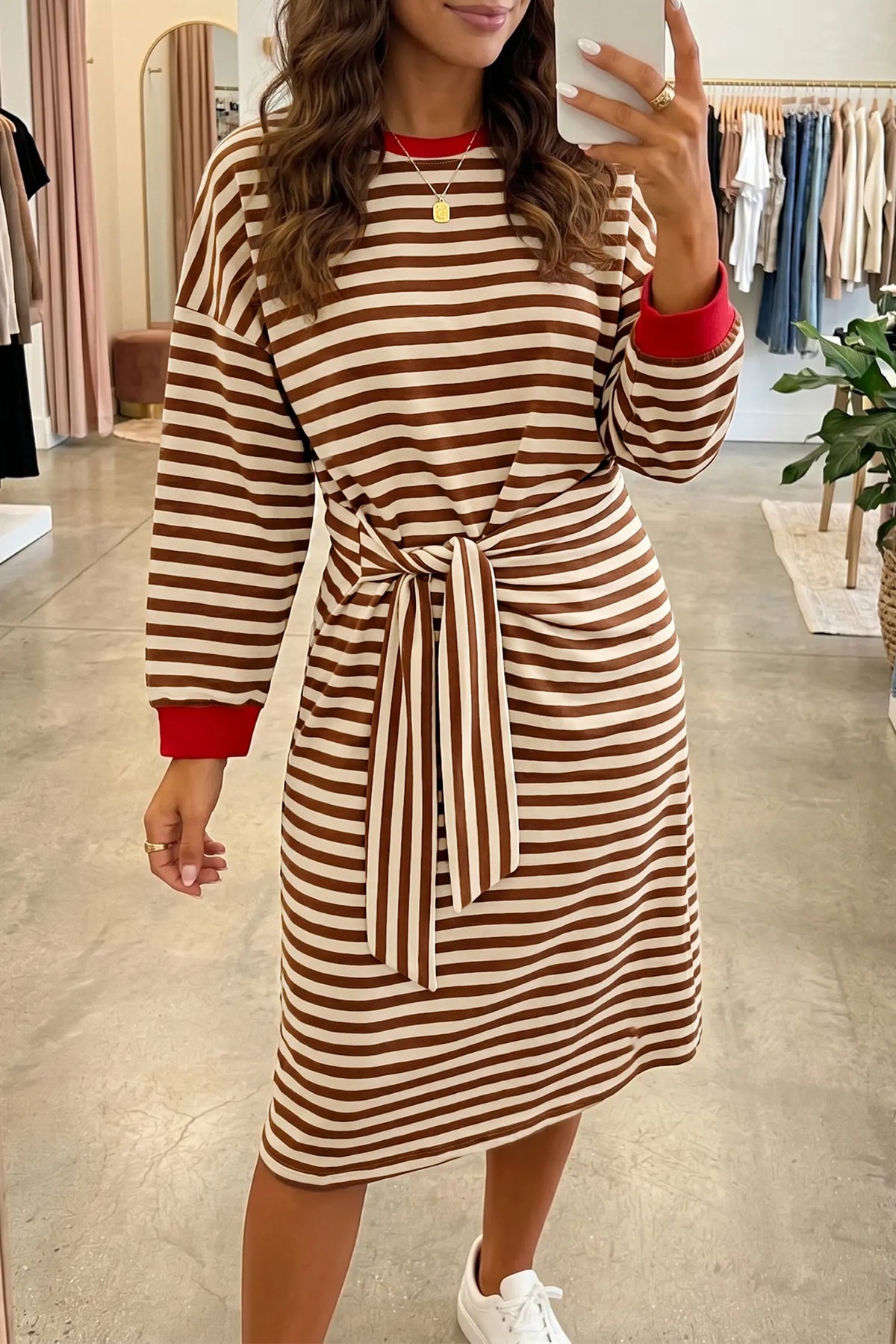 Striped Colourblock Cuffs Round Neck Long Sleeve Shift Dress – Brown Stripe