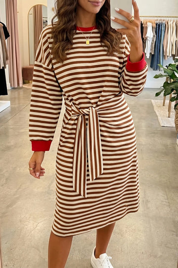 Striped Colourblock Cuffs Round Neck Long Sleeve Shift Dress – Brown Stripe