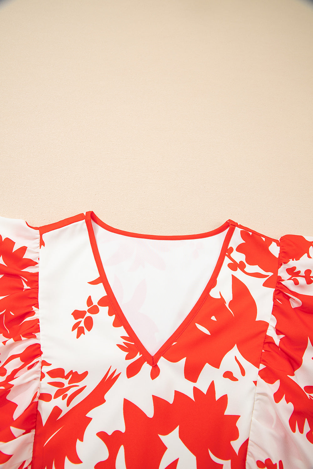Red Floral Print Trimmed V-Neck Ruffle Sleeve Long Dress eAura