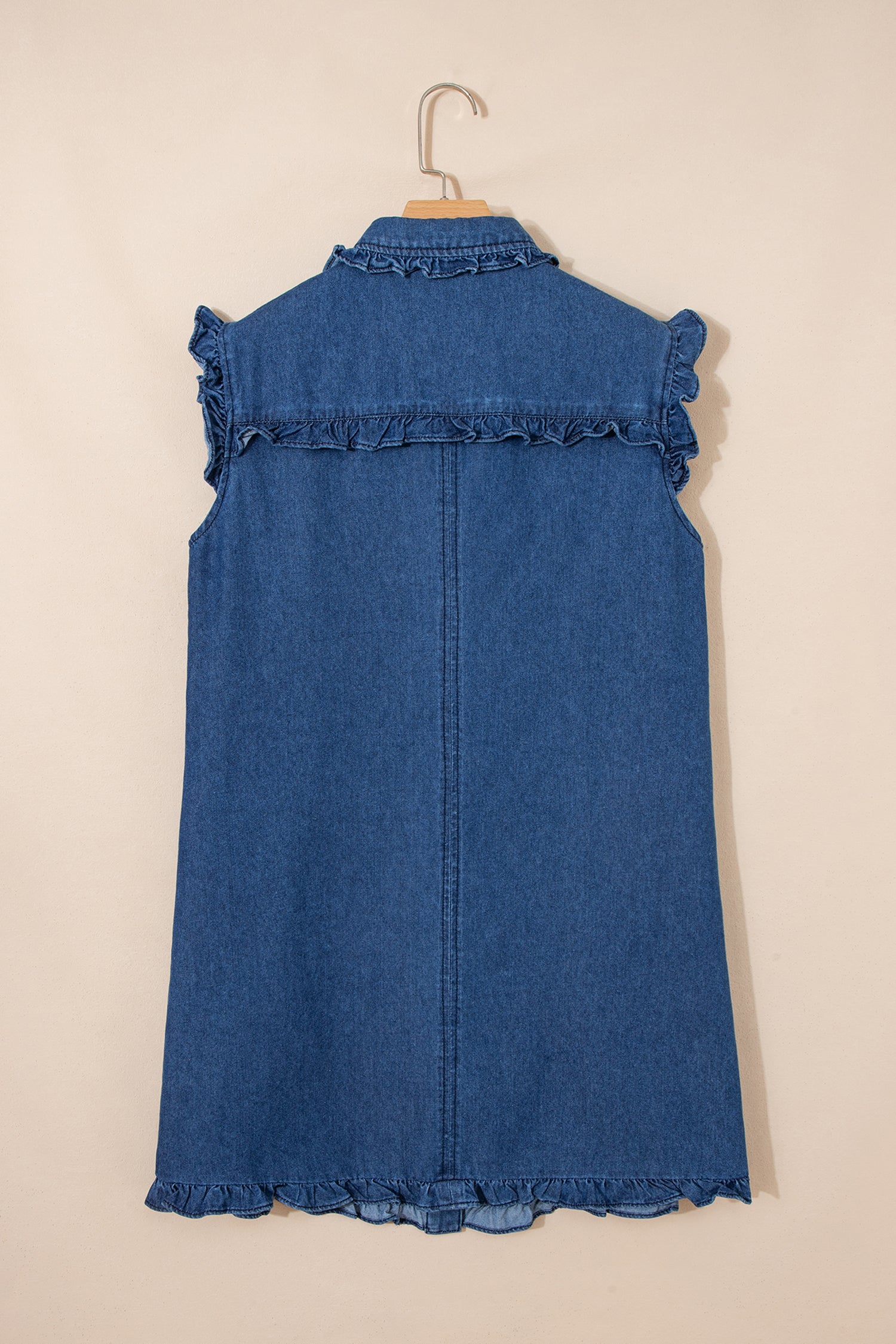 Ruffled Edge Collared Shift Denim Dress with Pockets