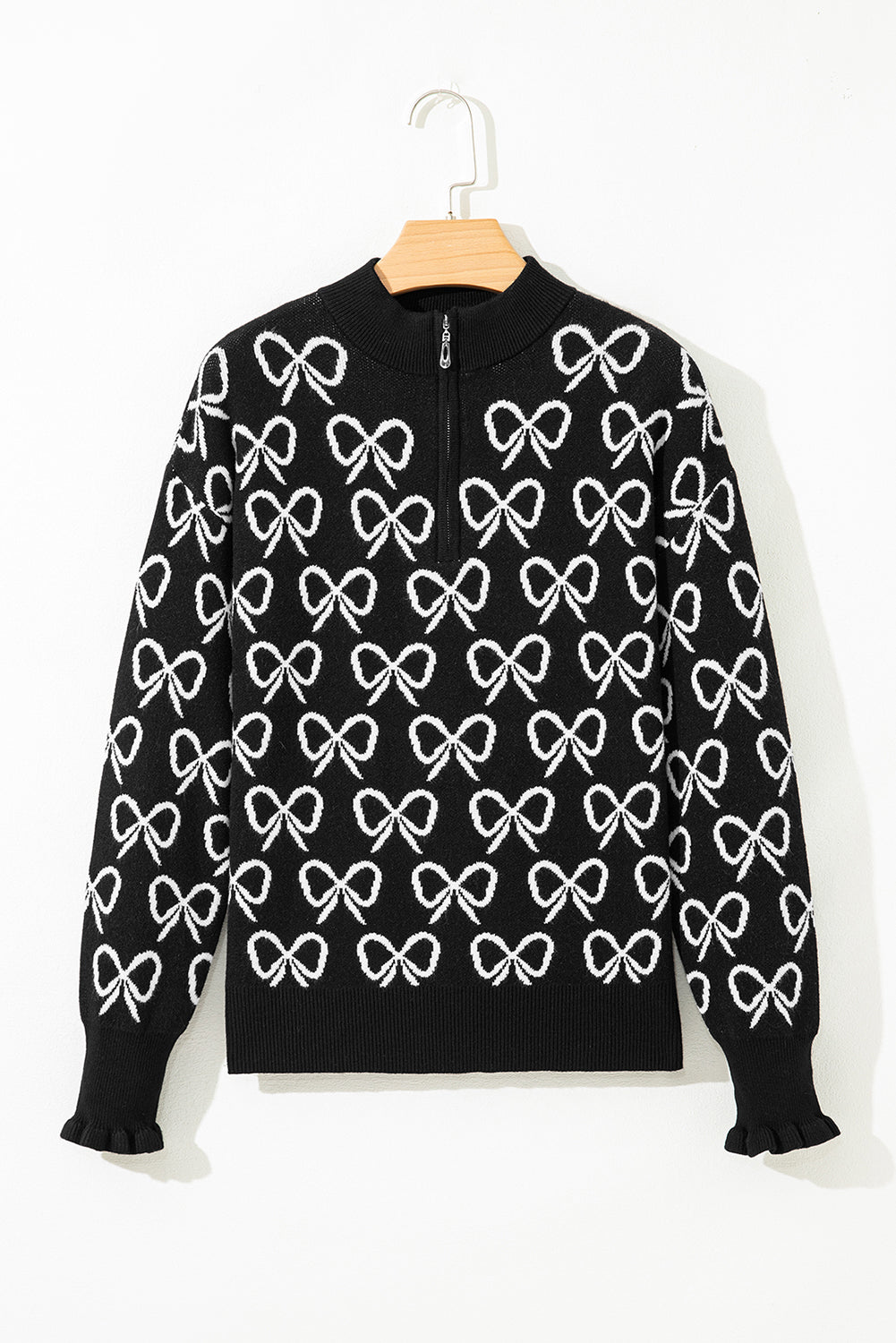Bow Pattern Drop Shoulder Zipped Collar Sweater - eAura