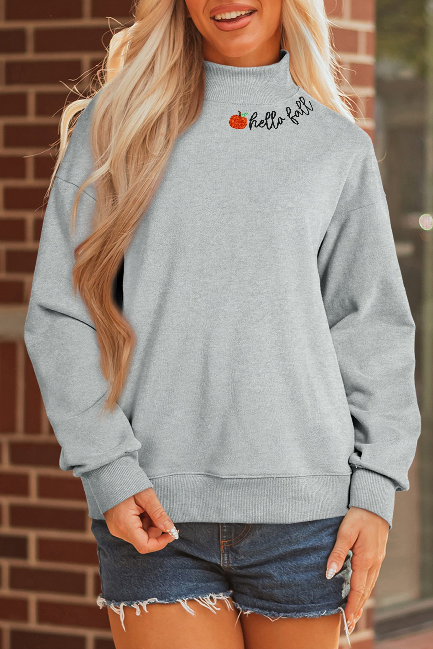 hello fall Embroidered Pumpkin Detail Mock Neck Sweatshirt – Gray