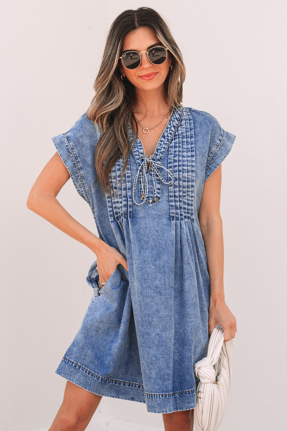 Beau Blue Tie V-Neck Tucking Detail Short Sleeve Denim Shift Dress - eAura
