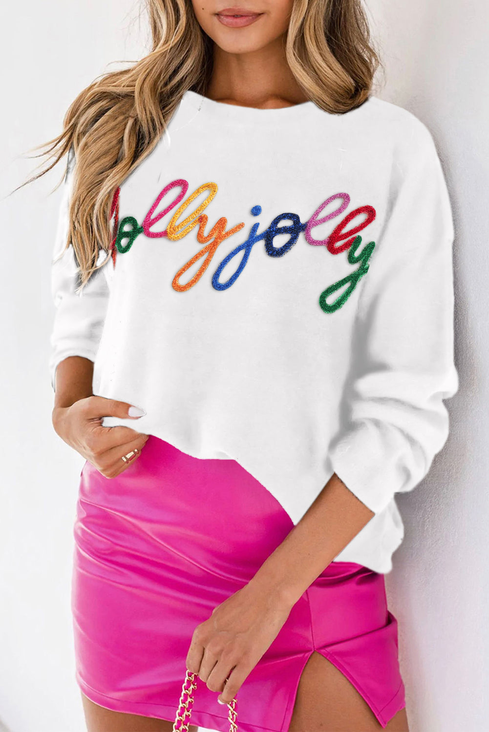 White XOXO Glitter Print Round Neck Casual Sweater eAura