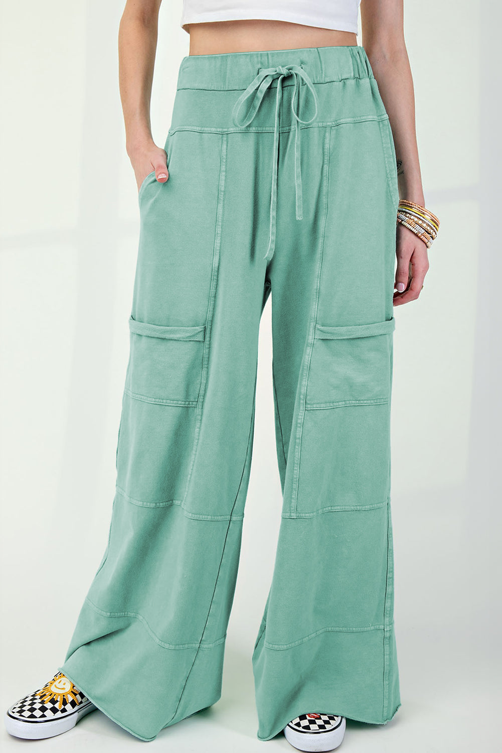 Mineral Wash Exposed Seam Drawstring High Waist Wide Leg Cargo Trousers eAura