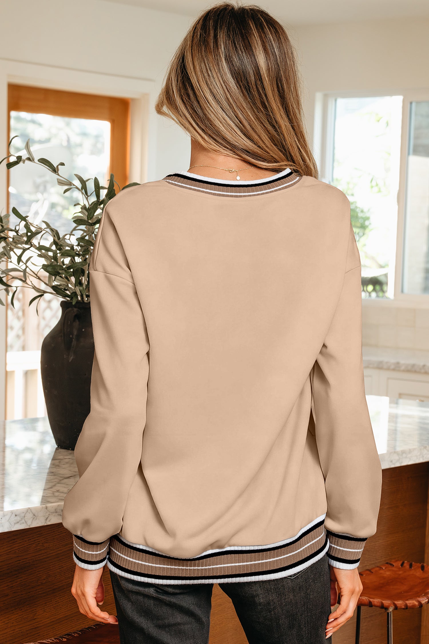 Varsity Contrast Striped Trim V-Neck Sweatshirt