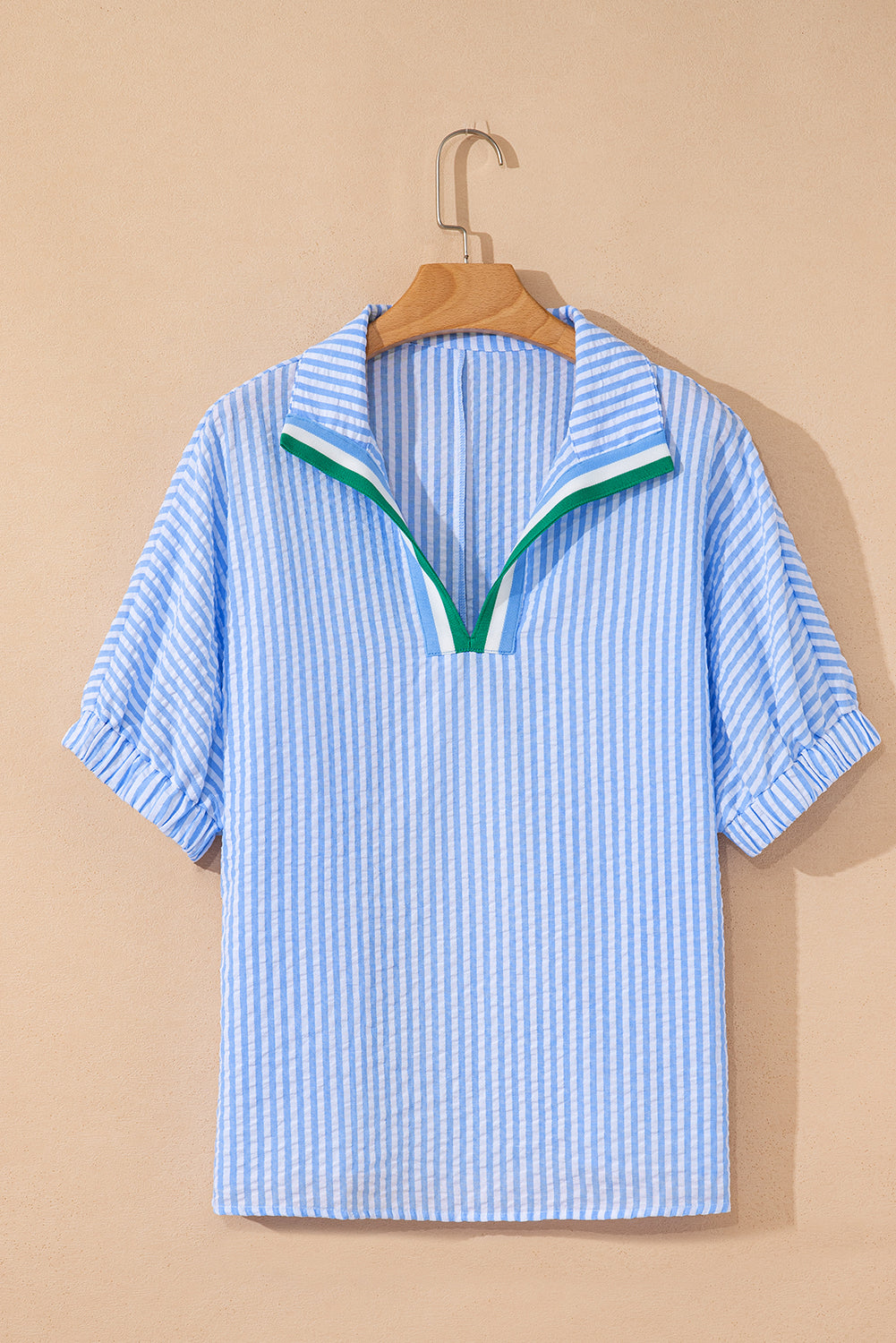 Striped Print Contrast Split Neck Dolman Sleeve Blouse eAura