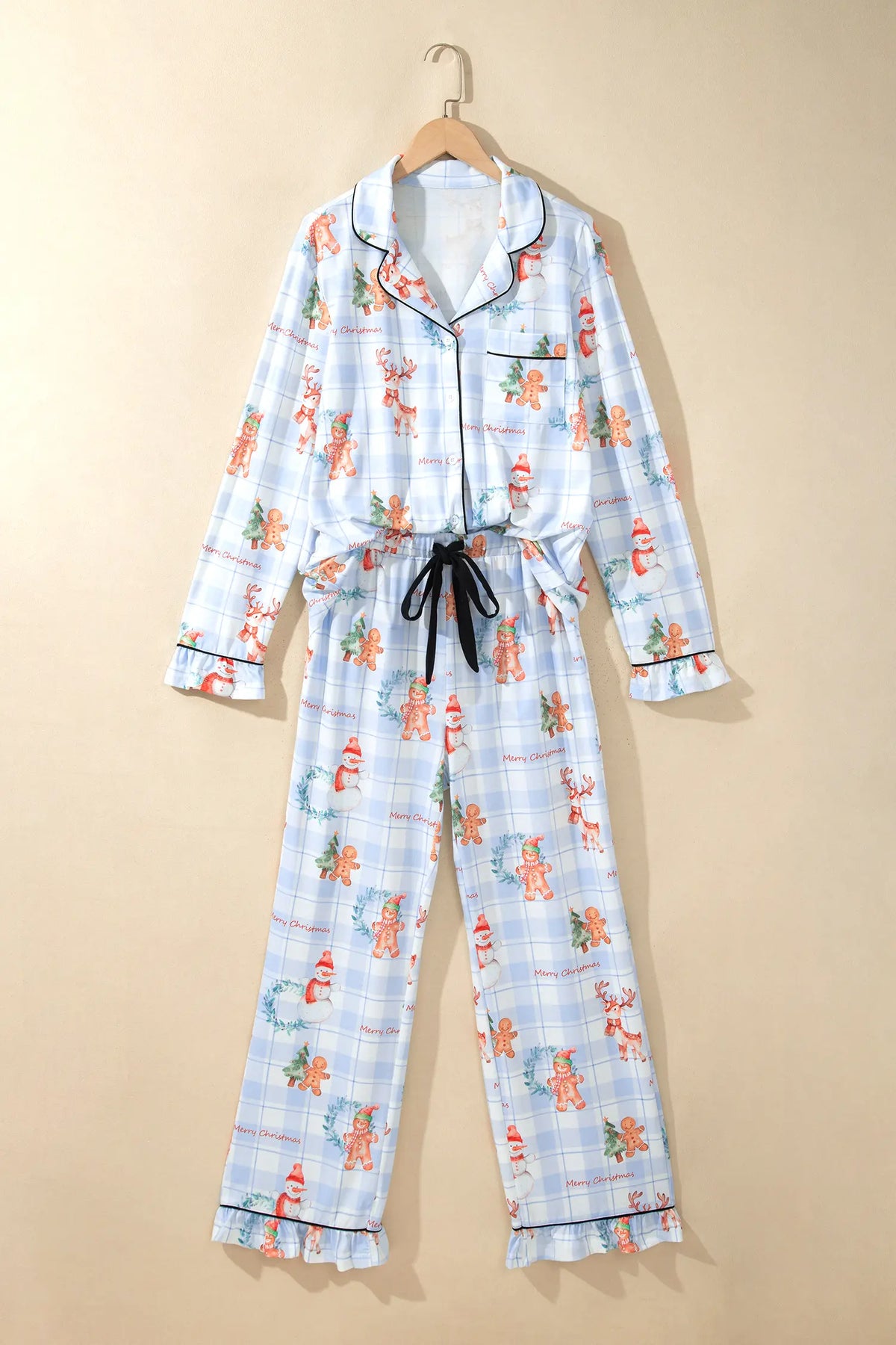 2pc Pajama Set Shirt Top & Straight-Leg Pants — Plaid Cartoon Christmas Print