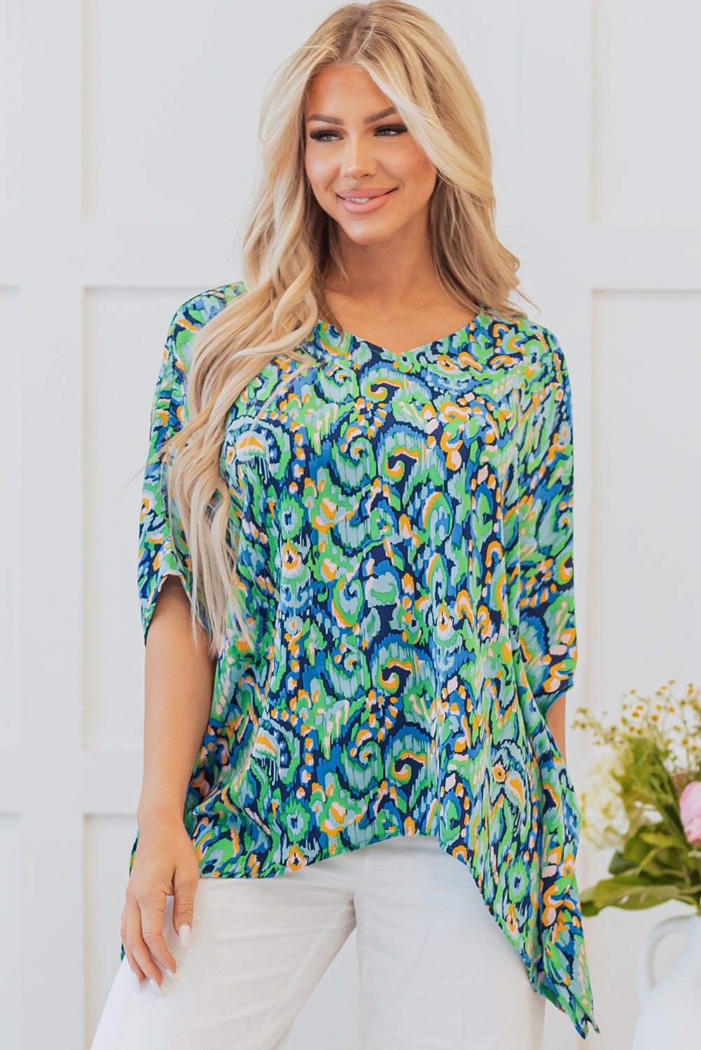 Green Abstract Print V Neck Half Sleeve Loose Fit Tunic Blouse eAura
