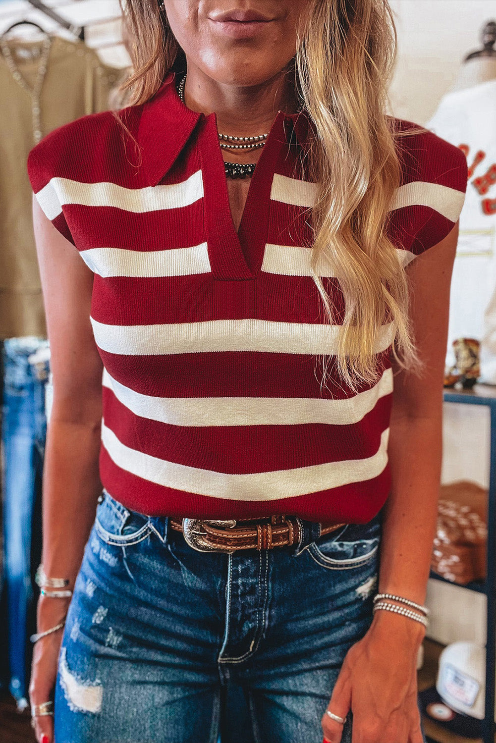 Red Stripe Collared Split Neck Sleeveless Sweater eAura